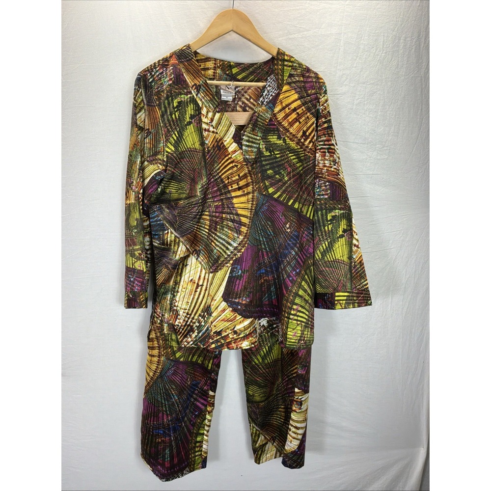 Natori 2 Piece Satin Pajama Set Abstract Floral Lounge Art Colorful 3/4 Slv Sz M